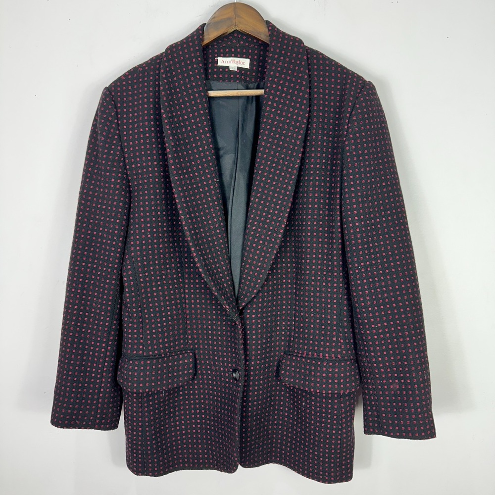Ann Taylor Wool Blazer 8 Black Red Birdseye Check Structured Preppy Academia Vtg